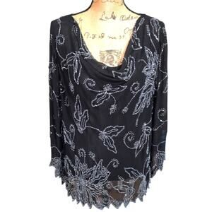 JKara Cowl Neck Black Beaded Floral Party Formal Gorgeous Blouse Top Plus Sz 2X‎